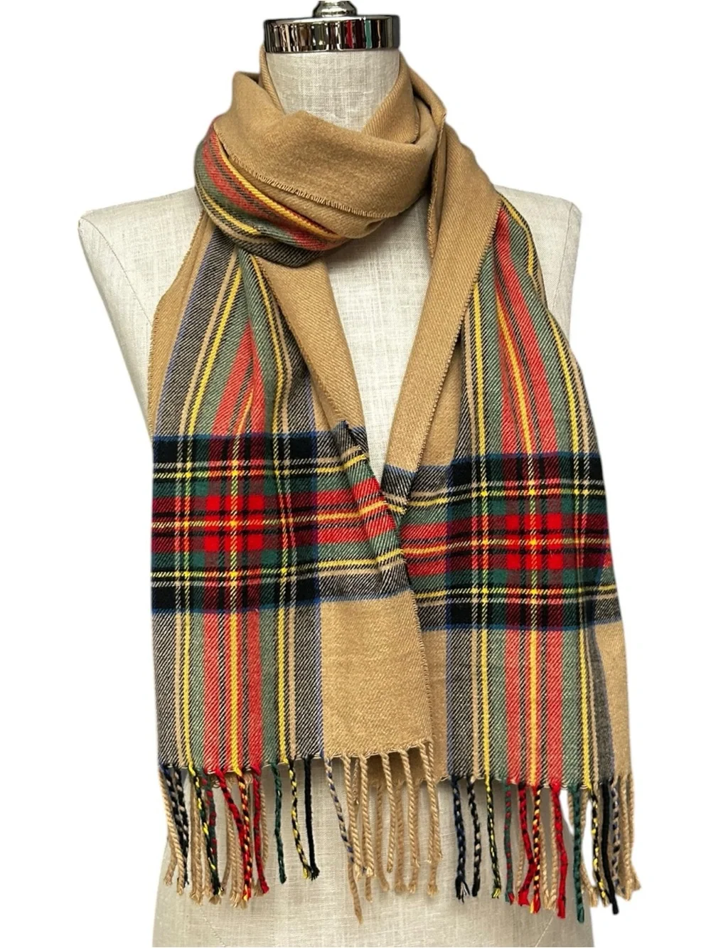 Cashmere Camel Tartan Plaid Scarf Made in Scotland 100% Fall Winter Scarf
